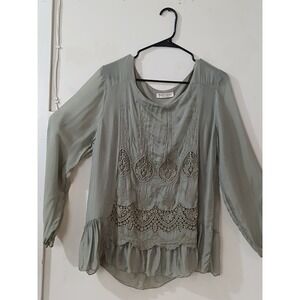 Karamel Collection Sage Green Silk Blend Lace Crochet Blouse Made in Italy Boho